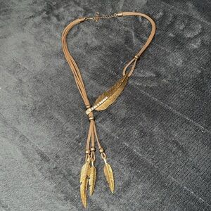 Handmade Navajo Leather & Feather Necklace with Brass & Stones.